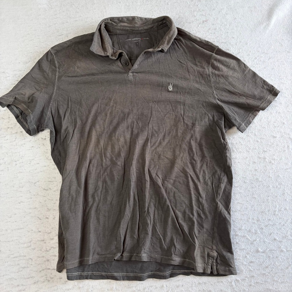 John Varvatos USA Polo Shirt Mens Large Brown Peace Sign Logo Short Sleeve